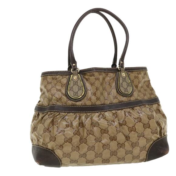 GUCCI GG Canvas Tote Bag Coated Canvas Beige Dark Brown - Picture 1 of 16